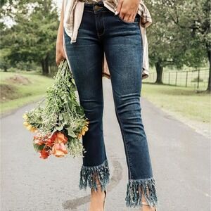 Elliot Vine Frayed Hem Jeans, Dark Wash Bootcut Flare, Fringed Ankle, Cropped 20